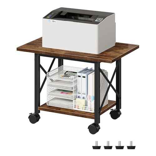 23.6" Under Desk Printer Stand, 2-Tier Printer Table with Wheels Adjustable Feet for Home Office, Study, Living Room, Rustic Brown and Black TPS01BF