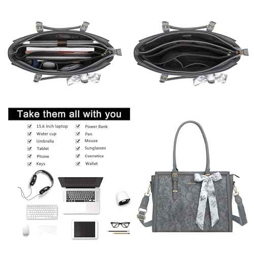 MOSISO Laptop Bag for Women, PU Leather Tote Bag, Front Embossed Retro Hibiscus Computer Bags with Silk Scarf&Clutch Purse