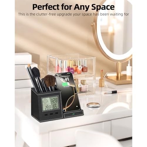 Multifunctional Pen Holder and Organizer for Desk with Wireless Charger, Digital Indoor Thermometer and Humidity Gauge, Home Office Organizers and Storage (Battery Included)