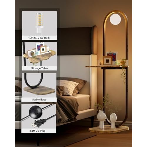 Lightdot 47-Inch Arch Floor Lamp, Modern Standing Lamp with Table, Black Metal Frame with Globe Shade, Living Room Bedroom Lighting, G9 LED Bulb Included