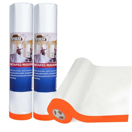 TAPEBEAR Pre-Taped Masking Film, 102" x 56Feet x 3Roll Plastic Sheeting Cover for Painting, Tape and Drape, Painters Masking Tape Film Plastic Drop Cloths for Auto, Appliance and Furniture