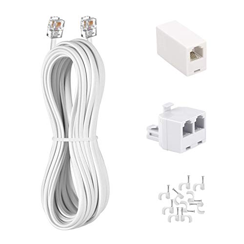 15FT White Landline Phone Cord with RJ11 Splitter & Cable Clips