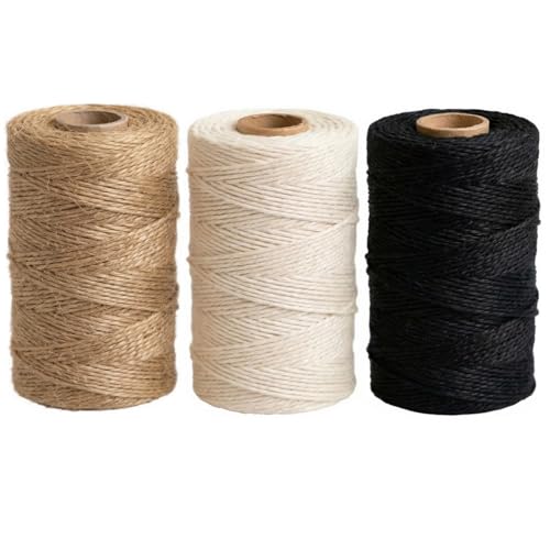 PerkDecor 3-Roll Twine & Rope Bundle – Natural Jute + White & Black Cotton 2mm (328ft x3) Crafting