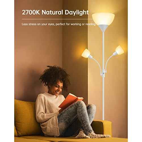 Floor Lamp, Torchiere Floor Lamps for Living Room, 71 Inch Tall Standing Lamp, Bedroom Lamps with Gooseneck Light, Rotary Switch, 3 Plastic Lampshade, Torch Floor lamps for Bedroom (White, No Bulb)