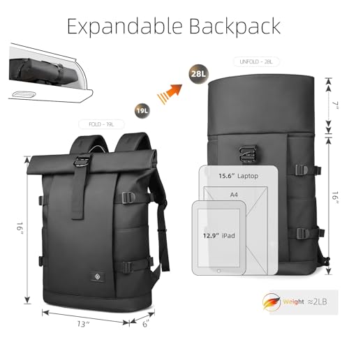 Rolltop Laptop Backpack,Expandable Business Travel Backpack for Men Women,Water-Resistant Casual Daypack with 15.6 Inch Laptop Compartment,19-28L Anti-Theft Computer Work Bag for Commute College-Black