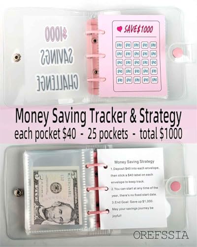 Pink Mini Money Saving Binder with 25 Envelopes - $1000 Savings Challenge Book, Portable Budget Organizer