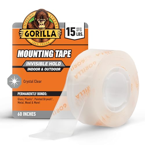 Gorilla Invisible Hold Mounting Tape 1" x 60" Clear, Holds Up to 15 lbs, Indoor & Outdoor Use