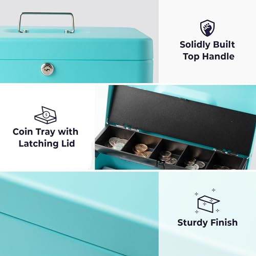 Volcora Cyan Large Cash Box with Key Lock, 12x9.5x3.5in, Money Tray, Heavy-Duty Portable Safe