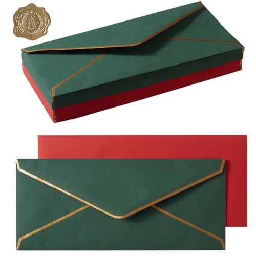 50 Pack Christmas #10 Business Envelopes with Gold Border, Self Seal Standard Envelopes with Gold Stickers for Office, Checks, Letter Mailing, Invoices, 4 1/8 x 9 1/2 Inches (Christmas Green Red)