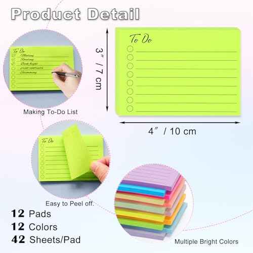 12 Pads to Do List Sticky Notes, 504 Sheets, 3x4 Inch with Line Adhesive Memo, 12 Bright Multi Colors Self-Stick Note Pads, to Do List Notepad, Easy to Use for Home, Office, Notebook