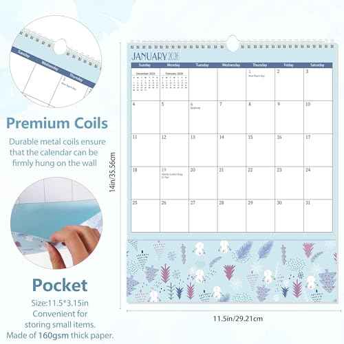 GuassLee Pocket Wall Calendar 2026, Monthly Wall Calendar with Pockets From Jan. 2026 to Dec. 2026, 12-Month Aesthetic Hanging Wall Planner for Office School Home Organizing, 11.5" x 14"