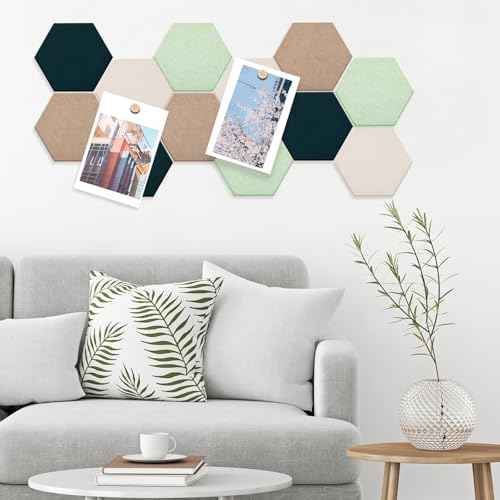 16 Pcs Hexagon Cork Board for Walls with 50 Wooden Push Pins 12x10 in Felt DIY Tiles Notice with Nano Tape Hanging Bulletin Board for Home Photo Office Memo Note (Green)