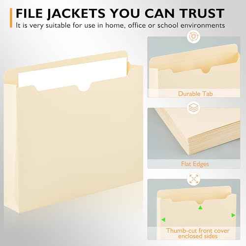 Manila File Jacket,10x12 Inches Jacket File Folders,2 Inch Expandable Sides Manila Folders,100 Packs Project File Jacket,Assorted Positions,Reinforced Straight-Cut Tab