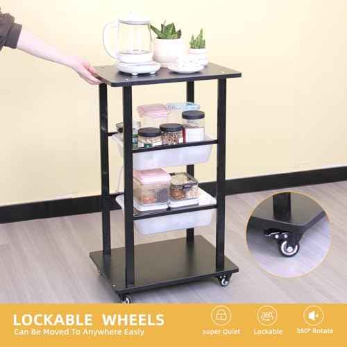 Rolling Storage Carts with Wheels, Heavy Duty Rolling Service Cart, 4-Tier Restaurant Food Cart with Hammer for Office, Warehouse, Garage (Black)