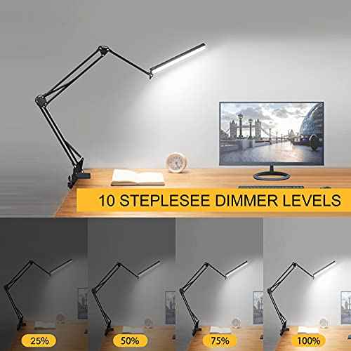 Toolour LED Desk Lamp with Clamp,2-in-1 Clip on Desk Lights with Base,50.7" 3-Section Swing Arm Architect Lamps,Memory Function Desktop Light Bar for Home Office Workbench Reading Craft Drafting