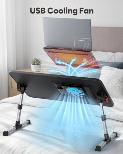 SAIJI Black Laptop Desk for Bed with Cooling Fan, Adjustable Table