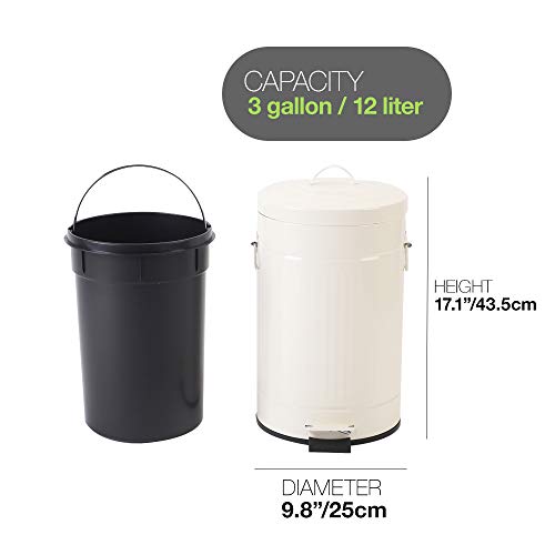 White Trash Can with Lid, Bathroom Bedroom Waste Basket Soft Close, Small White Garbage Can, Retro Vintage Home Office Trash Can, 12 Liter/3 Gallon, Glossy Cream White