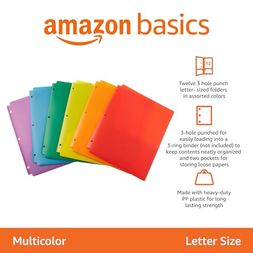12-Pack Plastic 3-Hole Punch Folders with 2 Pockets for 8.5 x 11 Documents