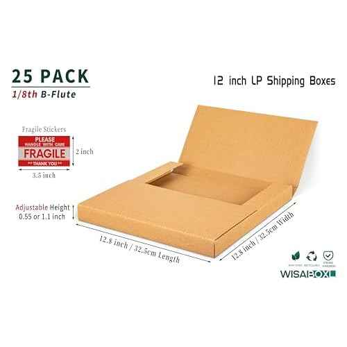 Kraft LP Mailers, 12.8x12.8x1 inch, Easy-Fold, Multi-Depth Vinyl Record Shipping Boxes with Fragile Stickers, 25 Pack