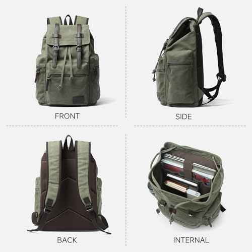 Vintage Canvas Backpack for Men Olive Green Rucksack Fit 15.6 inch Laptop Retro Flap Daypack for Casual Hiking Travel Commute