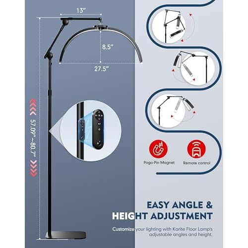 KARITE Half Moon Light for Lash Tech, LED Floor Lamp for Eyelash Extensions with Phone Holder, Adjustable Angle(3 Joints) & Height Desk Lamp for Nail Tch, 3000-6500K for Reading Makeup Tattoo