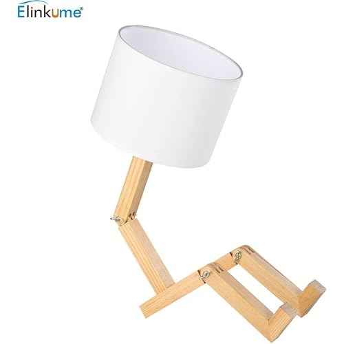 ELINKUME Robot Bedside Lamp, Fabric Lampshade Match Foldable Solid Wood Body, Creative E27 Screw Table Lamp for Bedroom Living Room