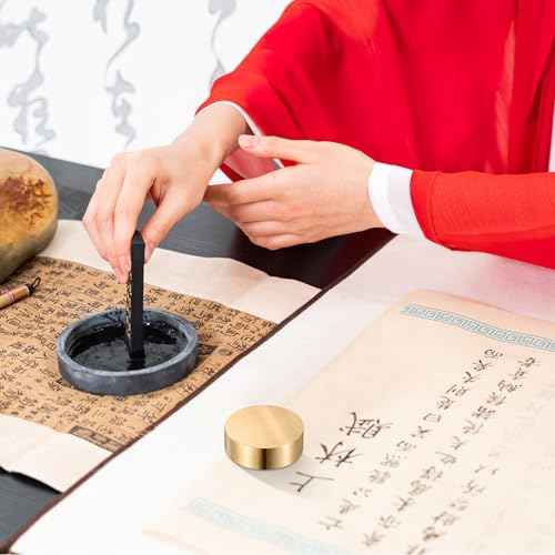 TEHAUX 4pcs Brass Paper Weight, 1.6 inch Small Round Block Paperweight for Chinese Calligraphy - Heavy Duty Paper Holder for Office Desk Men Chinese Painting Sumi Practice