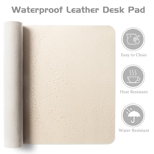 Aothia Beige 38" x 13.8" Leather Desk Pad Protector, Waterproof Office Mat