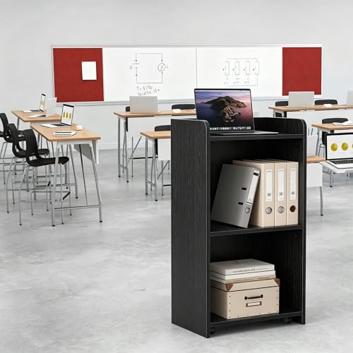 aboxoo Portable Podium Stand with Wheels (Black) – 41.3" High, 22.5" x 14.5" Desktop, Adjustable Shelf, Locking Casters