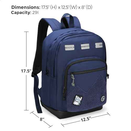Swissdigital Design Cool Backpack, Stylish School Laptop Backpack with Fun Personalized Patches Fits 16 Inch Notebook, Travel Bag Pefect for Boys & Girls, Dark Blue | BERIKON - Includes 3 Patches