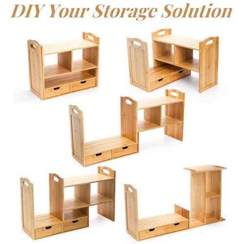 Bamboo Desktop Bookshelf, Expandable Counter Bookcase, Storage Shelves Rack Organizer with Anti-Slip Pads, Cute Small Desk Display Cubby Top for Office Supplies, No Assembly Needed