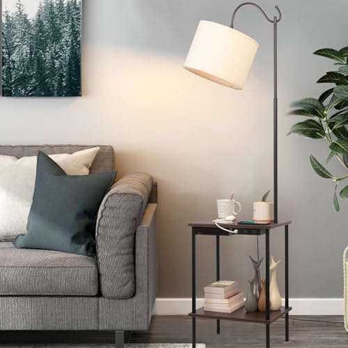 Floor Lamp with Table Industrial Rustic End Table,Industrial Floor Lamp with USB Wireless Charging Port£¦Charging Outlet,Bedside Nightstand Shelves Standing Light Tall Pole lamp with Drawer