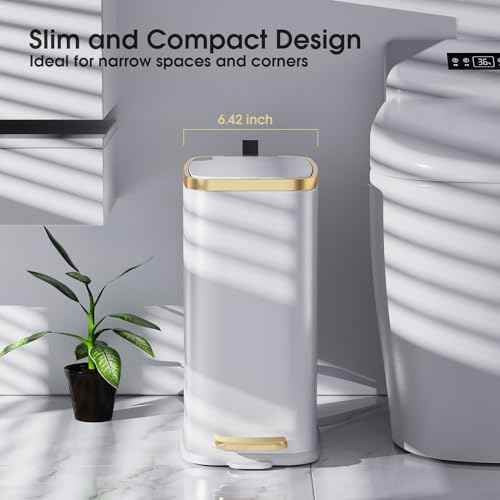CEROELDA Small Bathroom Trash Can with Lid Soft Close-5L/1.3 Gal Slim Garbage Can-Metal Step Wastebasket-Rectangle Narrow Waste Bin for Office, Bedroom, Toilet, Live Room (White)