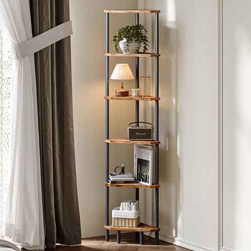 6 Tier Corner Shelf, 66.5'' Tall Standing Shelf, Narrow Display Shelf Stand, Modern Corner Bookshelf, Plant Stand, Corner Bookcase for Living Room, Bedroom, Bathroom, Rustic Brown LCS502R