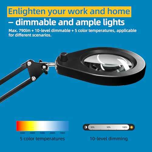 Magnifying Glass with Light and Clamp, 10X Real Glass / 2.5'' Opening Clamp/Lighted Magnifying Glass in 5-Color 10-Level Dimmable/Postioned by Swing Arm/for Close Work Hobbies Precision Tasks