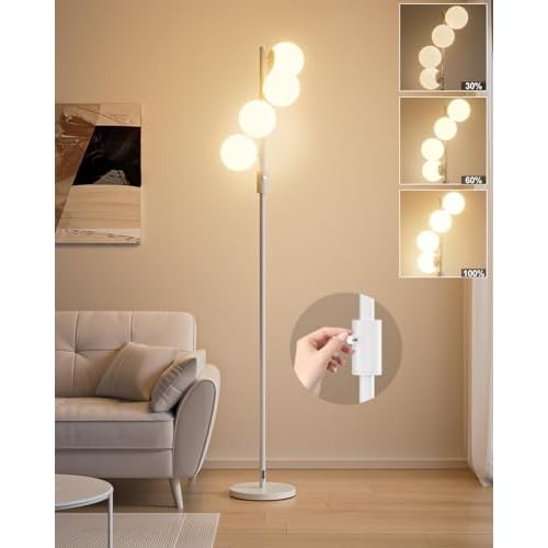FAITHSAIL 4 Globe Mid Century Floor Lamp, Dimmable Modern Standing Lamp with PC Shade & 4pcs Warm White LED Bulbs, White Tall Tree Lamp for Living Room, Bedroom