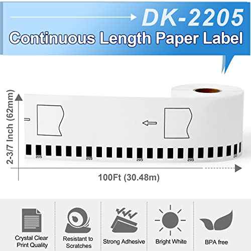 COLORTY 12 Rolls Compatible with Brother DK-2205 Continuous Paper Labels 2-3/7" x 100'(62mm x 30.48m), for Brother QL Label Printers QL-800 810W 820 820NWB 700 710W 600 1100nwb (12 Rolls + 1 Fram)