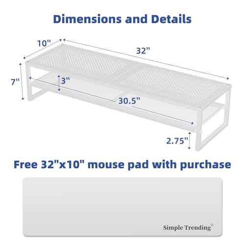 Simple Trending 2 Tier Metal Dual Monitor Stand Riser, Computer Office Desktop Organizer for 2 Monitors with 32"x10" Mouse Pad for Laptop, Printer, TV, White