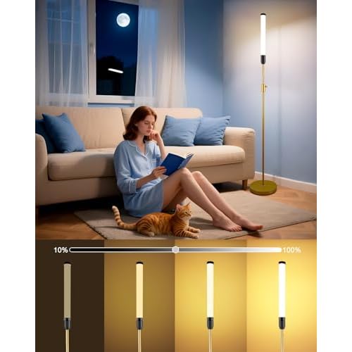 68" LED Floor Lamp for Living Room, Stepless Dimmable(10-100% Brightness) Standing Tall Lamps for Bedroom/Office, Industrial Floor Lamp, Mid Century Floor Lamps with Foot Switch-Gold