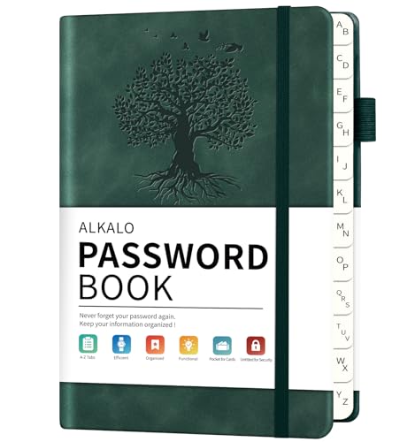 ALKALO Green Small Password Book with Alphabetical Tabs - Pocket Size 4.5x5.9 Inch
