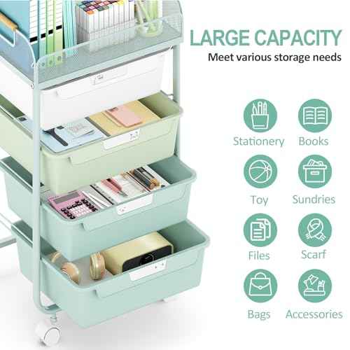 Rolling Utility Storage Cart with 4 Drawers - 4 Tiers Rolling Cart Craft Cart, Storage Drawer Cart Organizer for Craft Room Office Bedroom Classroom with Mesh Top & 4 PCS DIY Lable, Green