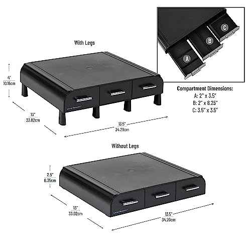Mind Reader Monitor Stand, 3 Storage Drawers, Desktop Organizer, Riser, Office, 13.5"L x 13"W x 4"H, Set of 2, Black