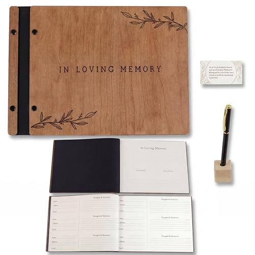 Funeral Guest Book with Signing Pen – Memorial Wooden Guestbook in Cherry Wood