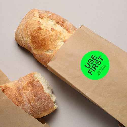 1.5 Inch USE First Stickers Food Service Inventory Control Labels Trilingual Product Labels Fluorescence Green - 500 Stickers Per Roll (10 Rolls)