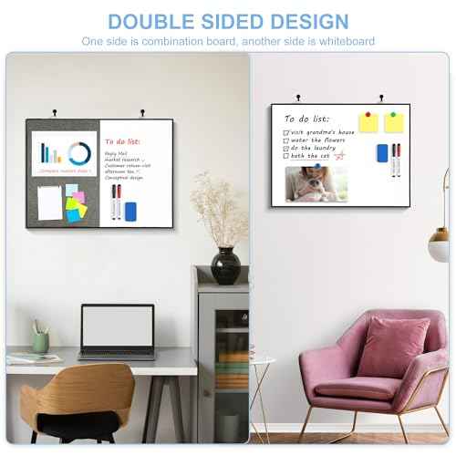 ARCOBIS Cork Board White Board Combo, 24"X18" Linen Bulletin Board Whiteboard for Wall, Double-Sided Magnetic Dry Erase Corkboard for Home, Office, School, Grey