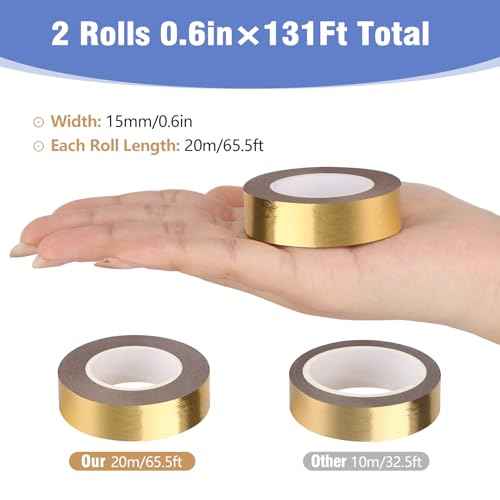 2 Rolls Gold Washi Tape 0.59In ¡¿ 130Ft (Total 40m) Low Tack Solid Foil Gold Tape, Shiny Metallic Decorative Tape for Wall Mirror Decor Crafts Christmas Gift Wrapping