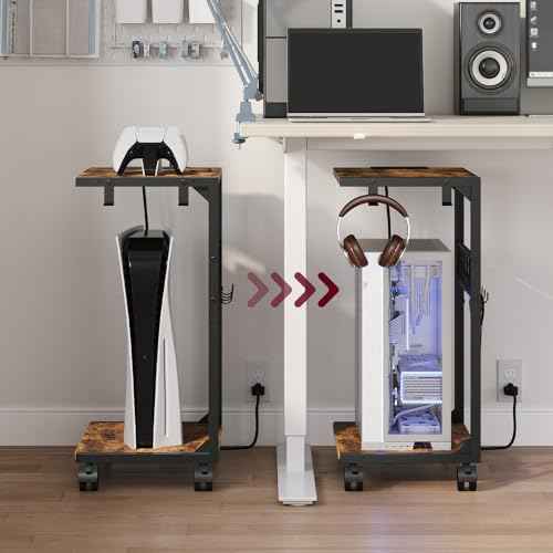 PC Stand, Computer Tower Stand with Charging Station, 16.9"W x 11.4"D x 27.6"H, Computer Cart with Wheels and Hooks, CPU Holder for Carpet, Floor and Under Desk, Easy Assembly, Rustic Brown