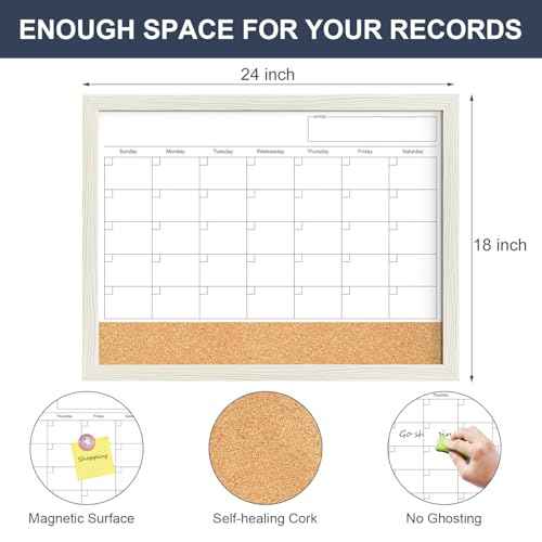 Calendar Whiteboard for Wall, 18x24 Inches Whiteboard Calendar Cork Board Combo, Magnetic Monthly White Board with Wood Framed, Hanging Dry Erase Board for Kitchen Home Office School Planner