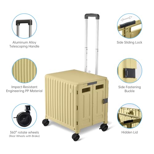 Folding Utility Cart with Wheels: Collapsible Rolling Carte for Teachers Handcart Shopping Trolley Portable Tool Box, All-Terrain Office Cart with Lid Basket Handle & Durable Frame