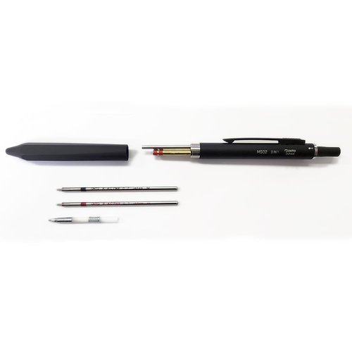OHTO MS02 3-In-1 Multifunction Pen, Equipped with Needle Tip 0.7mm Black and Red Oil-Based Inks, 0.5mm Mechanical Pencil, All-Metal Body Silver, MS02-MF3-SV